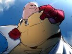  1boy bald belt black_belt blue_sky cleft_chin clenched_hand cloud cosplay day family_guy fat fat_man gloves highres jumpsuit kowai_(iamkowai) male_focus one-punch_man outdoors peter_griffin red_gloves saitama_(one-punch_man) saitama_(one-punch_man)_(cosplay) sky solo superhero_costume yellow_jumpsuit 