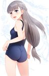 1girl ass blue_eyes blue_one-piece_swimsuit blunt_bangs braid breasts commentary_request eyebrows_hidden_by_hair french_braid grey_hair highres lawine_(sousou_no_frieren) long_hair looking_back low-tied_long_hair neopure old_school_swimsuit one-piece_swimsuit school_swimsuit small_breasts smile solo sousou_no_frieren standing swimsuit 