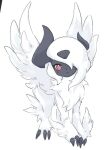  absol animal_focus blush claws commentary feathered_wings full_body hair_over_one_eye looking_at_viewer mega_absol mega_pokemon neck_fur no_humans one_eye_covered open_mouth pokemon pokemon_(creature) red_eyes short_hair simple_background sok_(mr14_c) solo standing white_background white_hair white_theme white_wings wings 