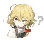  ...? 1girl black_vest blonde_hair blush braid hair_between_eyes highres jill_07km kirisame_marisa long_hair open_mouth portrait shirt short_sleeves simple_background single_braid solo touhou vest white_background white_shirt yellow_eyes 