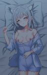  1girl animal_ear_fluff animal_ears bed_sheet blue_archive blue_camisole blue_shorts blush breasts camisole closed_eyes collarbone commentary_request facing_viewer grey_hair hand_up highres lying nipples off_shoulder on_back open_clothes open_shirt parted_lips pillow rumiya9i shiroko_(blue_archive) shirt short_shorts shorts small_breasts solo white_shirt 