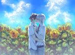  bad_id bad_pixiv_id belt blue_sky brown_hair closed_eyes cloud day field flower flower_field hug kakumeiki_valvrave kiss l-elf male_focus multiple_boys necktie purple_eyes school_uniform short_hair silver_hair sky sunflower tokishima_haruto tsumuji_(potato_chip) yaoi 