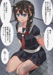  1girl ahoge arms_behind_back black_hair black_serafuku black_shirt black_skirt black_socks blue_eyes braid commentary_request haida_katsuretsu hair_flaps hair_over_shoulder highres kantai_collection long_hair neckerchief pleated_skirt red_neckerchief sailor_collar sailor_shirt school_uniform serafuku shigure_(kancolle) shigure_kai_ni_(kancolle) shirt single_braid skirt socks solo squatting tile_floor tiles translation_request white_sailor_collar 