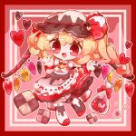  1girl ascot blonde_hair chibi cookie cowboy_shot crystal_wings dress flandre_scarlet food frills hat inukkomaru mob_cap open_mouth red_dress red_eyes red_ribbon ribbon side_ponytail solo touhou valentine yellow_ascot 