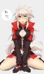  alpha-01 animal_ears belt blazblue blush breasts cleavage_cutout collar dog_ears dog_tail genderswap genderswap_(mtf) gloves green_eyes heterochromia jacket long_hair looking_at_viewer medium_breasts open_mouth ragna_the_bloodedge red_eyes silver_hair sitting solo tail tomo_(tomorag7) translated v_arms very_long_hair wariza 
