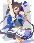  1girl :3 anchor_necklace animal_ears arm_up armpits belt blue_bow blue_bowtie blue_capelet blue_ribbon bow bowtie brown_belt brown_hair capelet commentary_request covered_navel ear_covers hair_between_eyes hair_ribbon highres horse_ears horse_girl jewelry long_hair looking_at_viewer loose_socks multicolored_hair necklace notice_lines purple_eyes ribbon sailor_collar sailor_shirt shirt sidelocks simple_background single_ear_cover skirt sleeveless sleeveless_shirt socks solo streaked_hair tetenka twintails umamusume vivlos_(umamusume) white_background white_hair white_shirt white_skirt white_socks 