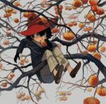  1boy black_gloves black_hair black_jacket branch brown_footwear commentary_request food fruit full_body gloves grey_background holding holding_food holding_fruit in_tree jacket joxter long_sleeves looking_at_viewer male_focus moomin open_mouth pants peach red_hat shoe_soles shoes short_hair sokoko solo tree 