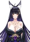  1girl absurdres animal_ear_fluff animal_ears azur_lane bare_shoulders black_hair black_kimono black_nails breasts cleavage colored_inner_hair facial_mark fox_ears fox_girl fur-trimmed_kimono fur_trim gem highres huge_breasts japanese_clothes jewelry kimono kitsune kyuubi long_hair looking_at_viewer low_neckline magatama magatama_necklace multicolored_hair multiple_tails musashi_(azur_lane) necklace purple_gemstone qing-yu solo tail upper_body very_long_hair whisker_markings yellow_eyes 