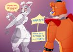 absurd_res animatronic anthro artidemonboy bear big_breasts big_butt black_eyes bodily_fluids breasts buckteeth butt buttplug buttplug_tail clothing costume cotton_tail dialogue duo ear_piercing ear_ring eyelashes facial_markings fake_tail fangs female five_nights_at_freddy&#039;s five_nights_at_freddy&#039;s:_security_breach fur fursuit glamrock_freddy grey_body grey_fur hat head_markings headgear headwear hi_res holding_buttplug holding_object holding_sex_toy human lagomorph leporid looking_back machine male mammal markings open_mouth open_smile orange_body piercing plug_(sex_toy) purple_background rabbit rear_view red_sclera ring_piercing robot scottgames seam_(sewing) sex_toy shoulder_pads simple_background smile speech_bubble steel_wool_studios stitch_(sewing) studded_bracelet sweat sweatdrop tan_body teeth text thick_thighs top_hat vanessa_(fnaf) vanny_(fnaf) whiskers wide_hips