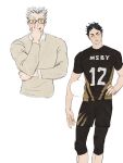  2boys adjusting_eyewear akaashi_keiji ball black_eyes black_hair black_shirt black_shorts bokuto_koutarou chengongzi123 commentary cropped_torso feet_out_of_frame glasses grey_hair haikyuu!! hand_on_own_hip highres holding holding_ball knee_pads long_sleeves looking_at_viewer male_focus multicolored_hair multiple_boys open_mouth shirt short_hair short_sleeves shorts simple_background sportswear standing streaked_hair symbol-only_commentary t-shirt thick_eyebrows very_short_hair volleyball_uniform white_background 