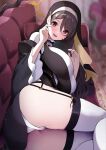  1girl absurdres ass black_dress black_hair blush breasts dress habit halo highres large_breasts long_hair long_sleeves looking_at_viewer nun open_mouth panties red_eyes sezok smile solo thighhighs underwear white_panties 