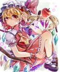  1girl absurdres apple ascot blonde_hair crystal_wings dress flandre_scarlet food fruit full_body hand_up hat highres ichirugi loose_socks mary_janes mob_cap pointy_ears puffy_short_sleeves puffy_sleeves red_dress red_eyes shoes short_sleeves simple_background socks solo touhou white_background wrist_cuffs yellow_ascot 
