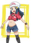  1girl :d absurdres alternate_costume beanie black_hair black_thighhighs commentary_request cropped_jacket dawn dawn_(pokemon) eyelashes grey_eyes grey_shorts hainchu hair_ornament hairclip happy hat highres hood hooded_jacket jacket long_hair looking_at_viewer navel open_mouth pink_jacket pokemon pokemon_(anime) pokemon_journeys poketch red_shirt shirt short_sleeves shorts sidelocks smile solo thighhighs watch white_background white_hat wristwatch 