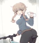  1girl amane_suzuha ass bicycle bike_shorts black_shorts blue_jacket bottle braid breasts brown_hair crab_man from_behind green_eyes jacket long_hair looking_back open_mouth shorts smile solo steins;gate thighs track_jacket twin_braids water_bottle 