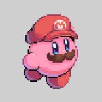  blue_eyes commentary cosplay english_commentary fake_facial_hair fake_mustache grey_background hat kirby kirby_(series) looking_at_viewer mario mario_(cosplay) mario_(series) no_humans pixel_art pixel_pit red_hat simple_background solo 