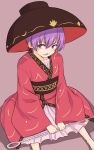  1girl bowl bowl_hat commentary hat highres japanese_clothes kakone kimono long_sleeves looking_at_viewer needle one-hour_drawing_challenge open_mouth purple_eyes purple_hair red_kimono sash short_hair simple_background sitting solo touhou wide_sleeves 