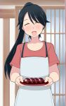  1girl alternate_costume apron black_hair closed_eyes collarbone food high_ponytail highres holding holding_plate housewife houshou_(kancolle) kantai_collection long_hair open_mouth pink_shirt plate shirt solo tanaka_rikimaru upper_body white_apron 