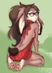 anthro clothing elronya eyewear female freckles glasses hair hi_res lagomorph leporid long_hair mammal meme meme_clothing paws rabbit ronya short_tail sitting solo suvi_(elronya) sweater tail topwear virgin_killer_sweater