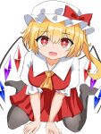  1girl :d ascot barefoot blonde_hair bow bright_pupils commentary crystal fang flandre_scarlet full_body hair_between_eyes hat hat_bow heart highres kiui_(dagk8254) looking_at_viewer medium_hair mob_cap one_side_up open_mouth pleated_skirt red_bow red_eyes red_skirt red_vest seiza shirt short_sleeves simple_background sitting skirt smile solo touhou vest white_background white_hat white_pupils white_shirt wings yellow_ascot 