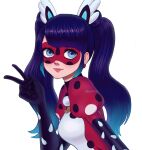  1girl blue_eyes blue_hair bodysuit earrings gongonsrr head_wings highres jewelry marinette_dupain-cheng miraculous_ladybug pennybug_(character) red_bodysuit red_mask simple_background smile solo superhero_costume twintails v white_background wings 