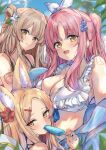  3girls animal_ear_fluff animal_ears bikini blonde_hair blue_archive blush breasts cleavage closed_mouth day extra_ears flower food fox_ears hair_flower hair_ornament halo highres holding holding_food karappo_(poket12) large_breasts light_brown_hair long_hair looking_at_viewer mika_(blue_archive) multiple_girls nagisa_(blue_archive) open_mouth outdoors pink_hair popsicle purple_flower seia_(blue_archive) smile swimsuit tea_party_(blue_archive) white_bikini white_flower yellow_eyes 