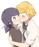  1boy 1girl adrien_agreste black_jacket black_shirt blazer blonde_hair blue_eyes blue_hair blush closed_eyes hug jacket kiss kissing_cheek marinette_dupain-cheng miraculous_ladybug open_mouth shirt short_twintails simple_background smile tsumiki_(chimamm_t) twintails white_background white_jacket 