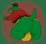 anthro backsack balls belt big_balls big_butt brown_eyes butt clothing coat crocodilian donkey_kong_(series) fist genitals gold_balls gold_trim green_body half-closed_eyes hi_res king_k._rool kremling looking_at_viewer looking_back male narrowed_eyes nintendo open_mouth perineum pirate_hat presenting presenting_hindquarters raised_tail reptile scalie smile smirk solo tail teeth tongue topwear waniiime_(artist)