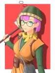  1girl bag belt blue_eyes breasts chrono_trigger closed_mouth falco_luna glasses helmet highres looking_at_viewer lucca_ashtear nail_polish scarf short_hair shoulder_bag smile solo weapon 