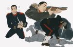  2boys absurdres black_eyes black_hair black_jacket black_pants blood blood_on_face breath buzz_cut character_request chengongzi123 chinese_commentary collared_jacket commentary_request cropped_legs dagger fur-trimmed_hood fur-trimmed_jacket fur_trim golden_kamuy gun hands_up heavy_breathing highres holding holding_dagger holding_gun holding_knife holding_weapon hood imminent_murder jacket knife long_sleeves looking_at_viewer lying male_focus military_uniform multiple_boys multiple_views on_stomach open_mouth pants rifle short_hair uniform very_short_hair weapon 