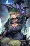  1girl absurdres book bow breasts capelet ceres_fauna ceres_fauna_(goth) cleavage dice green_hair hair_bow hat hat_bow highres hololive hololive_english large_breasts long_hair mole mole_under_eye open_book pile_of_books smile virtual_youtuber vyragami witch_hat yellow_eyes 