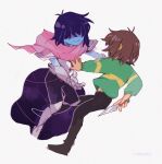  2others androgynous antenna_hair arm_behind_back armor blue_hair blue_skin breastplate brown_hair brown_pants cape colored_skin corogarucoromo covered_eyes deltarune dual_persona from_side full_body gauntlets greaves green_sweater highres holding holding_knife knife kris_(deltarune) multiple_others other_focus outstretched_arm outstretched_arms pants pauldrons pink_cape shaded_face short_hair shoulder_armor simple_background smile sweater white_background 