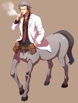  1boy animal_ears black_shirt brown_background brown_eyes centaur cigarette closed_mouth coat collared_coat collared_shirt commentary_request dog_tags facial_hair full_body gensoudanshi goatee_stubble grey_hair hand_in_pocket hand_up highres holding holding_cigarette hooves horse_ears long_sleeves looking_at_viewer male_focus mature_male monster_boy necktie original red_necktie scar scar_on_leg shirt short_hair simple_background smoke smoking solo standing stubble taur tool_belt white_coat 