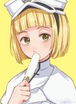  1girl absurdres bleach bleach:_sennen_kessen-hen blonde_hair blunt_bangs blunt_ends blush close-up colored_eyelashes commentary_request eyelashes food food_in_mouth hand_up hat highres holding holding_food holding_popsicle jacket liltotto_lamperd looking_at_viewer military_hat popsicle rinner373 short_hair simple_background solo straight_hair twitter_username white_hat white_jacket yellow_background yellow_eyes 