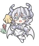  1girl apron blush_stickers chibi commentary_request demon_girl demon_horns demon_wings drill_hair duel_monster earrings fang full_body green_duston grey_eyes grey_hair highres holding horns jewelry looking_at_viewer lovely_labrynth_of_the_silver_castle low_wings maid medium_hair oquri pointy_ears red_duston simple_background skin_fang twin_drills white_background wings yu-gi-oh! 