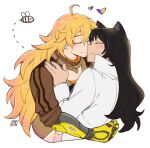  2girls animal_ears bee belt_collar black_hair blake_belladonna blonde_hair blush breasts brown_jacket bug cat_ears closed_eyes collar dlanon ember_celica_(rwby) hand_on_another&#039;s_shoulder heart hug jacket large_breasts long_hair multiple_girls prosthesis prosthetic_arm rwby signature tailcoat upper_body white_background white_tailcoat yang_xiao_long yuri 