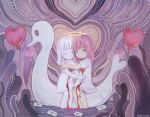  2girls abstract artist_name balloon bird blood closed_eyes dress envelope grey_eyes heart heart-shaped_pupils heart_balloon highres kapura letter looking_at_viewer medium_hair melting mili_(band) multiple_girls official_art pink_hair puffy_short_sleeves puffy_sleeves shirt short_sleeves signature swan symbol-shaped_pupils white_dress white_shirt 