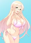  adjusting_eyewear bikini blonde_hair blue_background breasts front-tie_top futsuu_no_joshikousei_ga_locodol_yattemita glasses green_eyes highres kippuru kohinata_yukari large_breasts long_hair pink_bikini side-tie_bikini solo swimsuit very_long_hair 