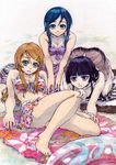  aragaki_ayase bad_id bad_pixiv_id barefoot bikini bikini_skirt bikini_top black_hair blue_eyes blue_hair brown_hair front-tie_top gokou_ruri highres innertube kousaka_kirino long_hair long_legs looking_at_viewer multiple_girls ore_no_imouto_ga_konna_ni_kawaii_wake_ga_nai purple_eyes skirt supe_(yuusyasupepen) swimsuit traditional_media 