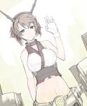  1girl breasts brown_hair closed_mouth commentary_request dutch_angle gloves green_eyes grey_shirt headgear kantai_collection large_breasts looking_at_viewer medium_bangs midriff mutsu_(kancolle) navel shirt short_hair sleeveless sleeveless_shirt smile solo tugmix upper_body waving white_gloves 