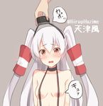  amatsukaze_(kantai_collection) bad_id bad_pixiv_id blush breasts brown_eyes character_name fang hair_tubes hiiragi_hajime kantai_collection long_hair open_mouth silver_hair slingshot_swimsuit small_breasts solo swimsuit twitter_username two_side_up wavy_mouth 
