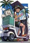  1girl animal bear black_eyes black_hair blue_sky blush_stickers border camisole cloud contrail dripping food goggles goggles_on_headwear helmet highres holding holding_food holding_popsicle license_plate looking_back moped motor_vehicle nanami_tomorou open_mouth orange_footwear original outdoors outside_border palm_tree polar_bear popsicle shoes short_shorts shorts sitting sky solo striped_camisole tree wheel white_border 
