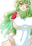  1girl arms_at_sides bleach bleach:_sennen_kessen-hen bloom breasts breasts_apart commentary_request cover covered_navel cowboy_shot curvy eyebrows_hidden_by_hair facial_mark fake_cover floating_hair fur_collar green_eyes green_hair hair_between_eyes haruka_(the_end_is_far) highleg highleg_leotard highres kubo_tite_(style) large_breasts leotard long_hair looking_at_viewer mask mask_on_head nelliel_tu_odelschwanck nose parted_lips scar scar_on_face simple_background solo very_long_hair wavy_hair white_background white_leotard 