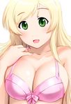  :d bikini_top blonde_hair breasts cleavage futsuu_no_joshikousei_ga_locodol_yattemita green_eyes hand_on_own_chest kohinata_yukari large_breasts long_hair open_mouth smile solo ueyama_michirou upper_body 