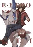  1boy arm_around_shoulder arm_up bad_id bad_lofter_id black_shirt blue_eyes blue_pants bright_pupils brown_eyes brown_fur brown_hair card carrying character_name claws denim duel_academy_uniform_(yu-gi-oh!_gx) duel_monster elemental_hero_neos flying full_body grin hand_up happy highres holding holding_card jacket jeans looking_at_viewer male_focus naoki_(2rzmcaizerails6) no_pupils non-web_source one_eye_closed pants princess_carry red_footwear red_jacket shirt shoes short_hair smile spiked_hair trading_card white_background winged_kuriboh yu-gi-oh! yu-gi-oh!_gx yuki_judai 