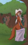 anthro breasts butt canid canine clothing disney female forest fox fur hi_res looking_back magnificent-arsehole maid_marian mammal nipples nude outdoor_nudity outside plant red_body red_fur robin_hood_(disney) standing tree undressing