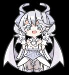  1girl bare_shoulders black_background blush_stickers breasts chibi cleavage commentary_request cowboy_shot demon_girl demon_horns demon_wings double_v dress duel_monster earrings garter_straps gloves grey_eyes grey_hair highres horns jewelry looking_at_viewer lovely_labrynth_of_the_silver_castle low_wings medium_hair multiple_wings open_mouth oquri pointy_ears see-through see-through_dress simple_background slit_pupils smile solo strapless strapless_dress thighhighs tongue v white_gloves white_thighhighs wings yu-gi-oh! 
