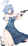  1girl absurdres ako_(blue_archive) ako_(dress)_(blue_archive) black_footwear blue_archive blue_dress blue_eyes blue_hair blue_halo bracelet breasts cleavage commentary_request dress feishi grey_background gun hair_between_eyes halo hand_up handgun highres holding holding_gun holding_weapon jewelry kneeling long_hair looking_at_viewer luger_p08 medium_breasts official_alternate_costume parted_lips purple_nails sideboob simple_background solo thighs weapon 