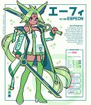  1girl alternate_color bare_shoulders boots color_guide dark_skin dress emily_kim english_text espeon forehead_jewel gem green_dress green_hair green_jacket highres holding holding_sword holding_weapon humanization jacket pokemon red_gemstone shiny_pokemon simple_background sleeveless sparkle stats sword twitter_username weapon 