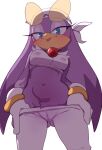  1girl ass_visible_through_thighs beak bird_girl breasts cameltoe clothes_pull covered_nipples crop_top eyewear_on_head female_pubic_hair from_below furry furry_female highres lightsource looking_at_viewer pants pants_pull pubic_hair purple_fur simple_background solo sonic_(series) sonic_riders thigh_gap tongue tongue_out wave_the_swallow 