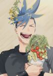  1boy black_wristband blue_hair cherry_tomato closed_eyes collared_shirt facing_viewer flower_pot galo_thymos grey_background grey_shirt highres holding holding_flower_pot male_focus open_mouth plant potted_plant promare shirt short_hair spiked_hair sumi_wo_hakuneko teeth tomato wet wet_hair 